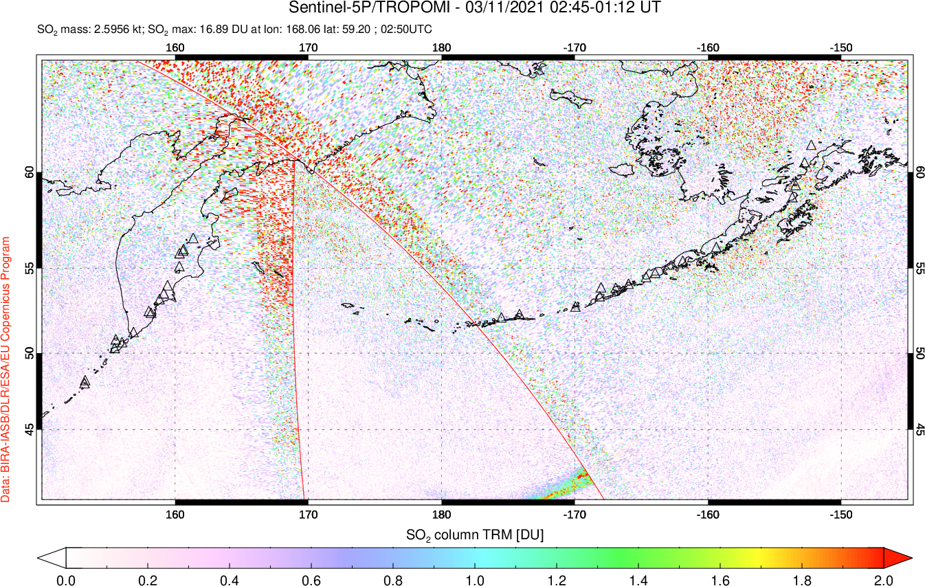 A sulfur dioxide image over North Pacific on Mar 11, 2021.