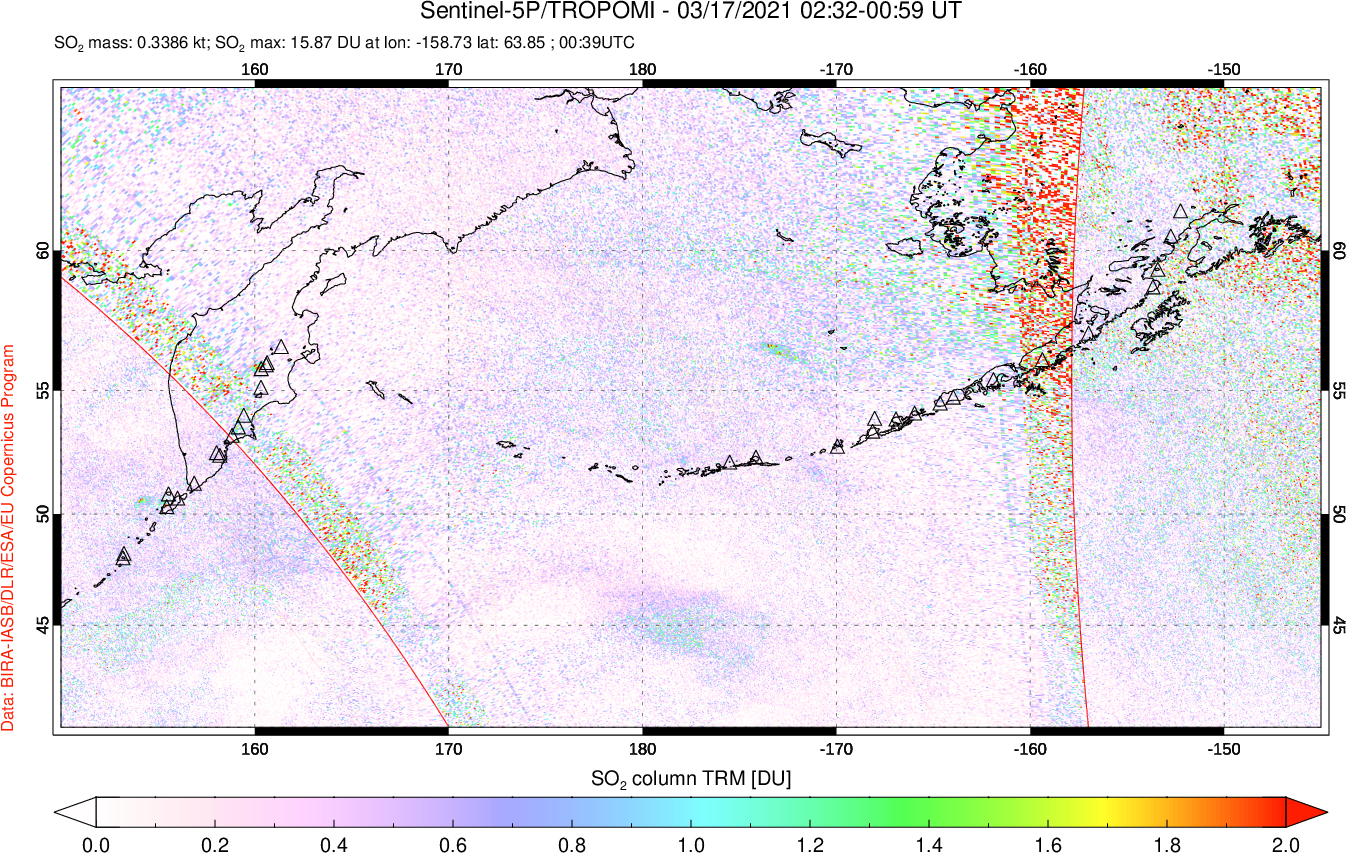 A sulfur dioxide image over North Pacific on Mar 17, 2021.