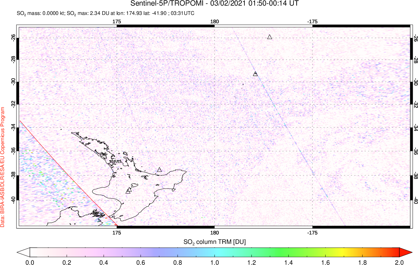 A sulfur dioxide image over New Zealand on Mar 02, 2021.