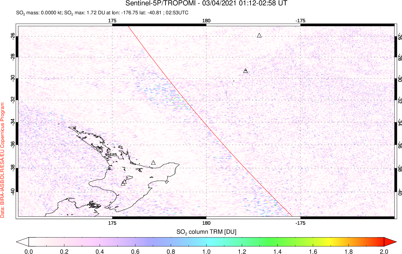 A sulfur dioxide image over New Zealand on Mar 04, 2021.