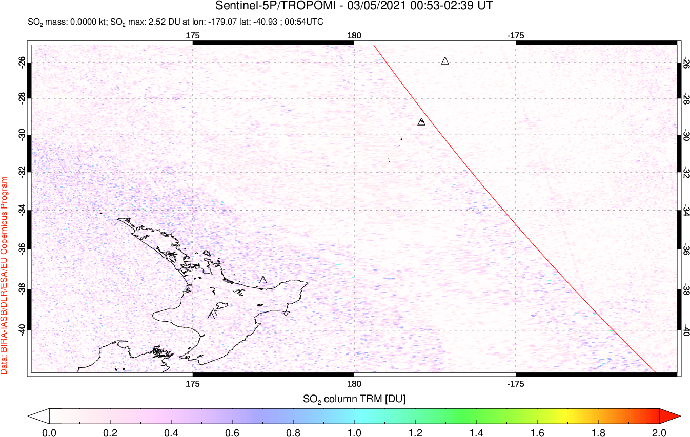 A sulfur dioxide image over New Zealand on Mar 05, 2021.
