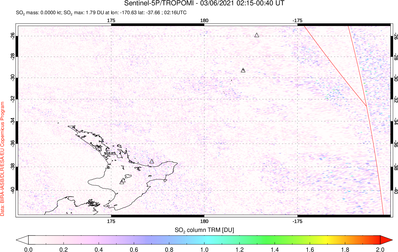 A sulfur dioxide image over New Zealand on Mar 06, 2021.
