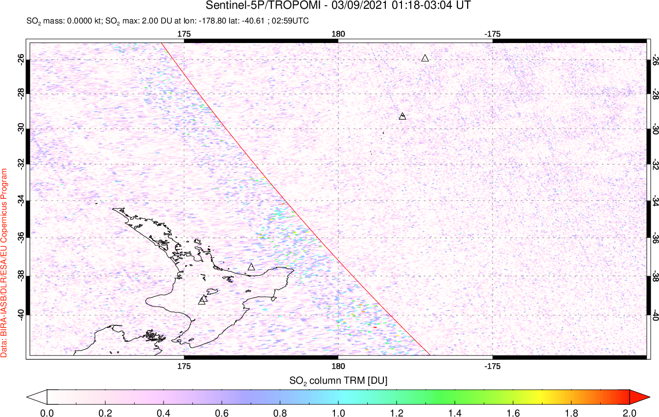 A sulfur dioxide image over New Zealand on Mar 09, 2021.
