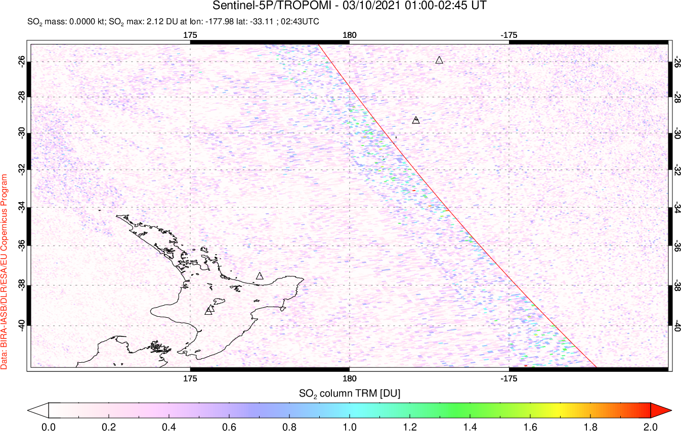 A sulfur dioxide image over New Zealand on Mar 10, 2021.