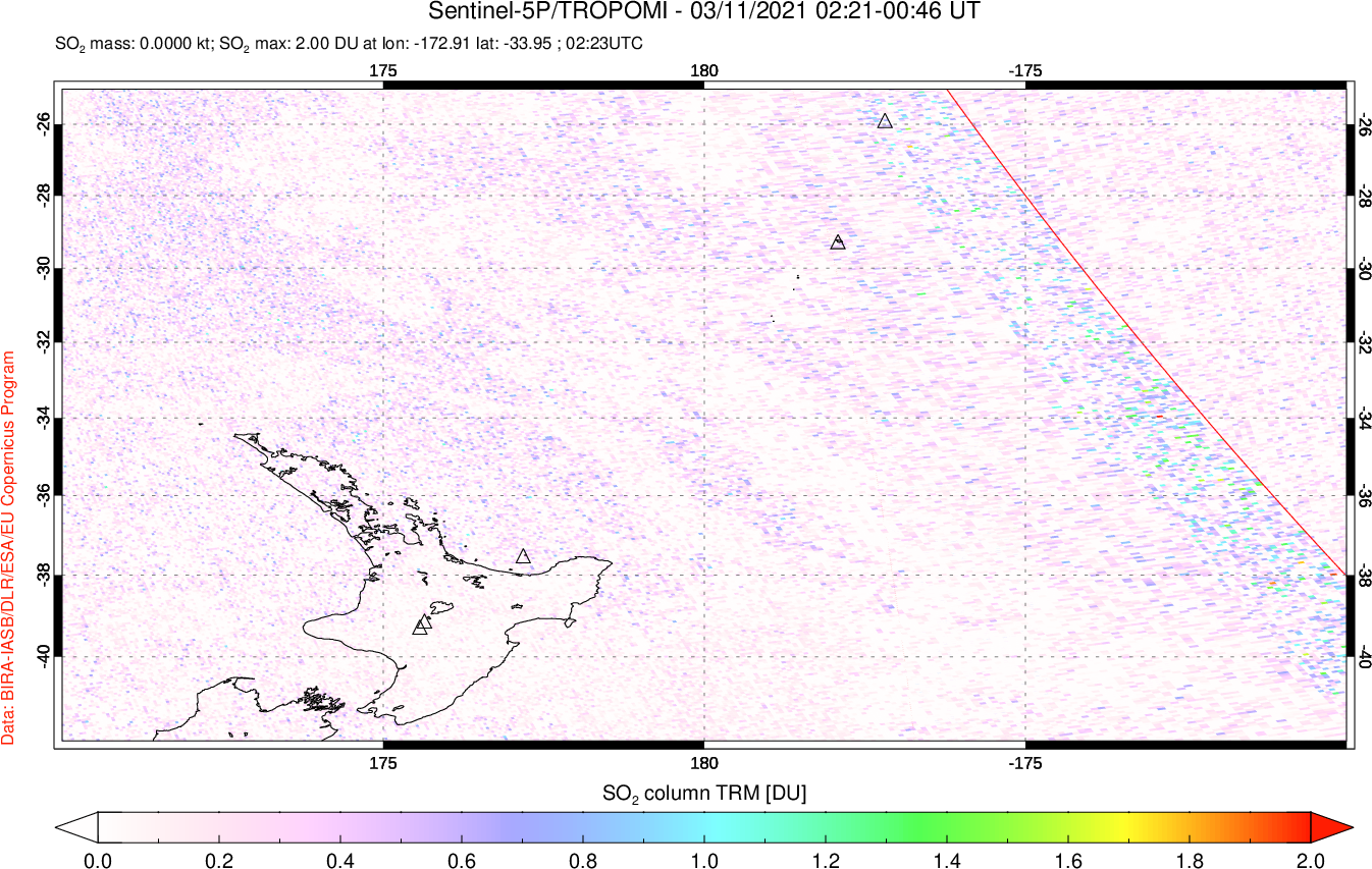 A sulfur dioxide image over New Zealand on Mar 11, 2021.