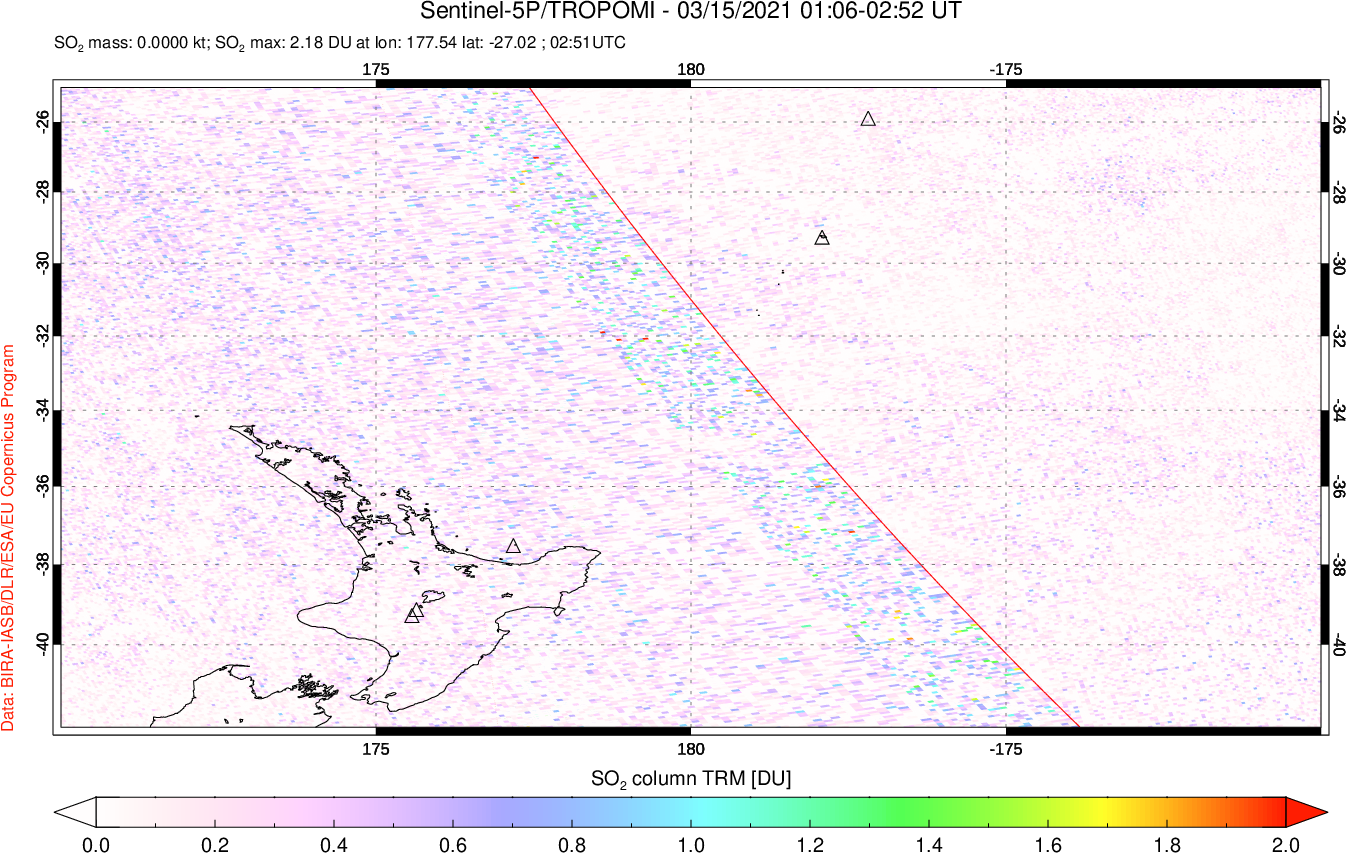 A sulfur dioxide image over New Zealand on Mar 15, 2021.