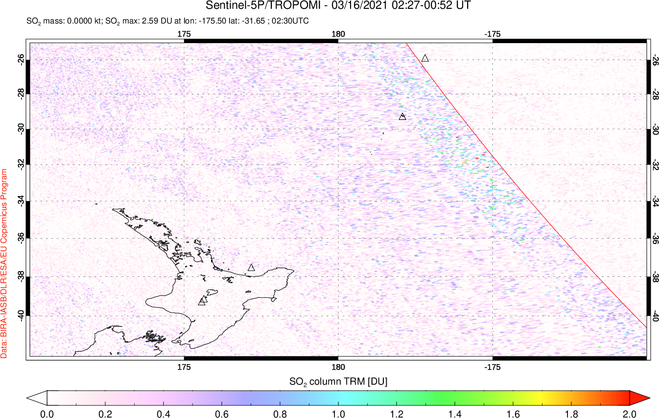 A sulfur dioxide image over New Zealand on Mar 16, 2021.