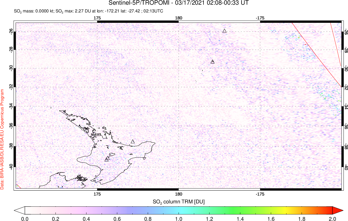A sulfur dioxide image over New Zealand on Mar 17, 2021.