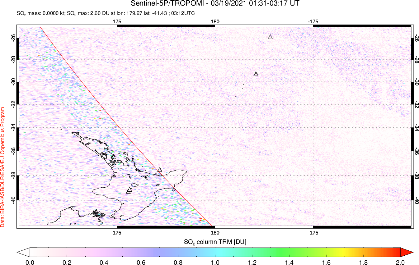 A sulfur dioxide image over New Zealand on Mar 19, 2021.