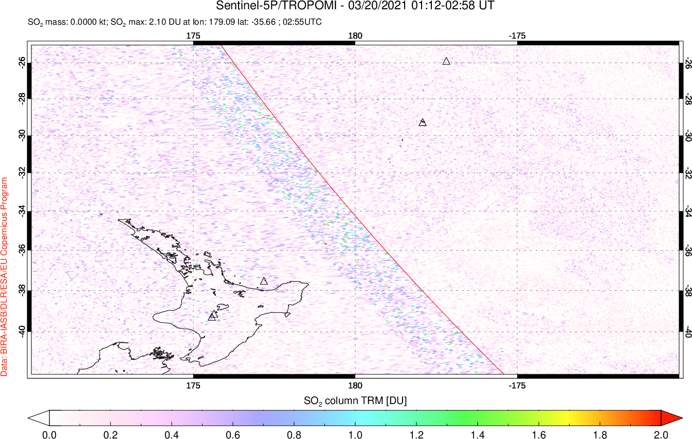 A sulfur dioxide image over New Zealand on Mar 20, 2021.