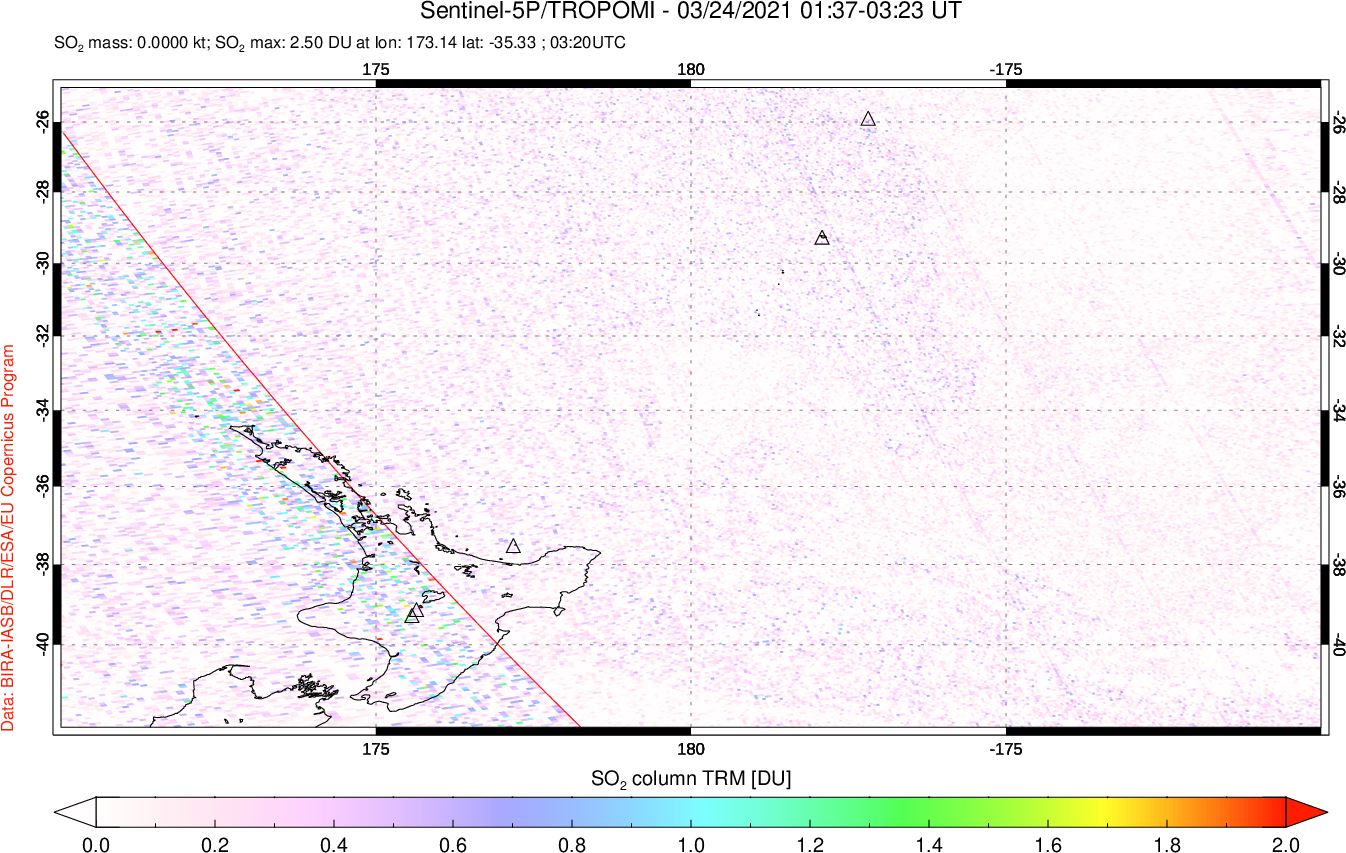 A sulfur dioxide image over New Zealand on Mar 24, 2021.