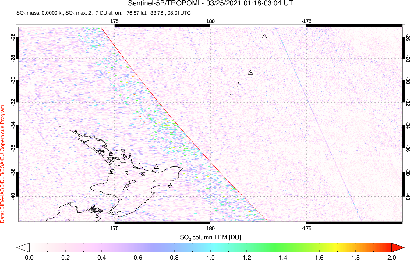 A sulfur dioxide image over New Zealand on Mar 25, 2021.