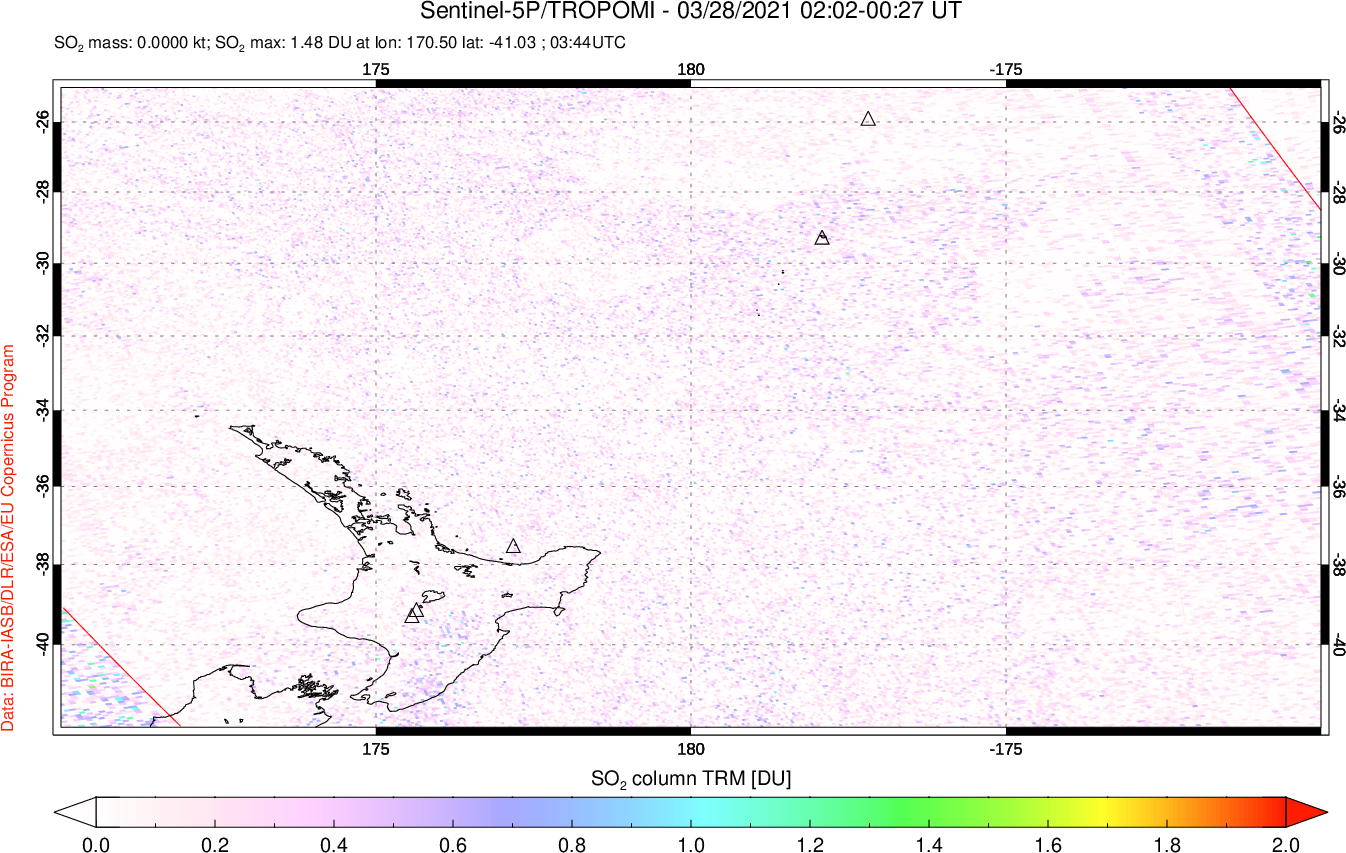 A sulfur dioxide image over New Zealand on Mar 28, 2021.