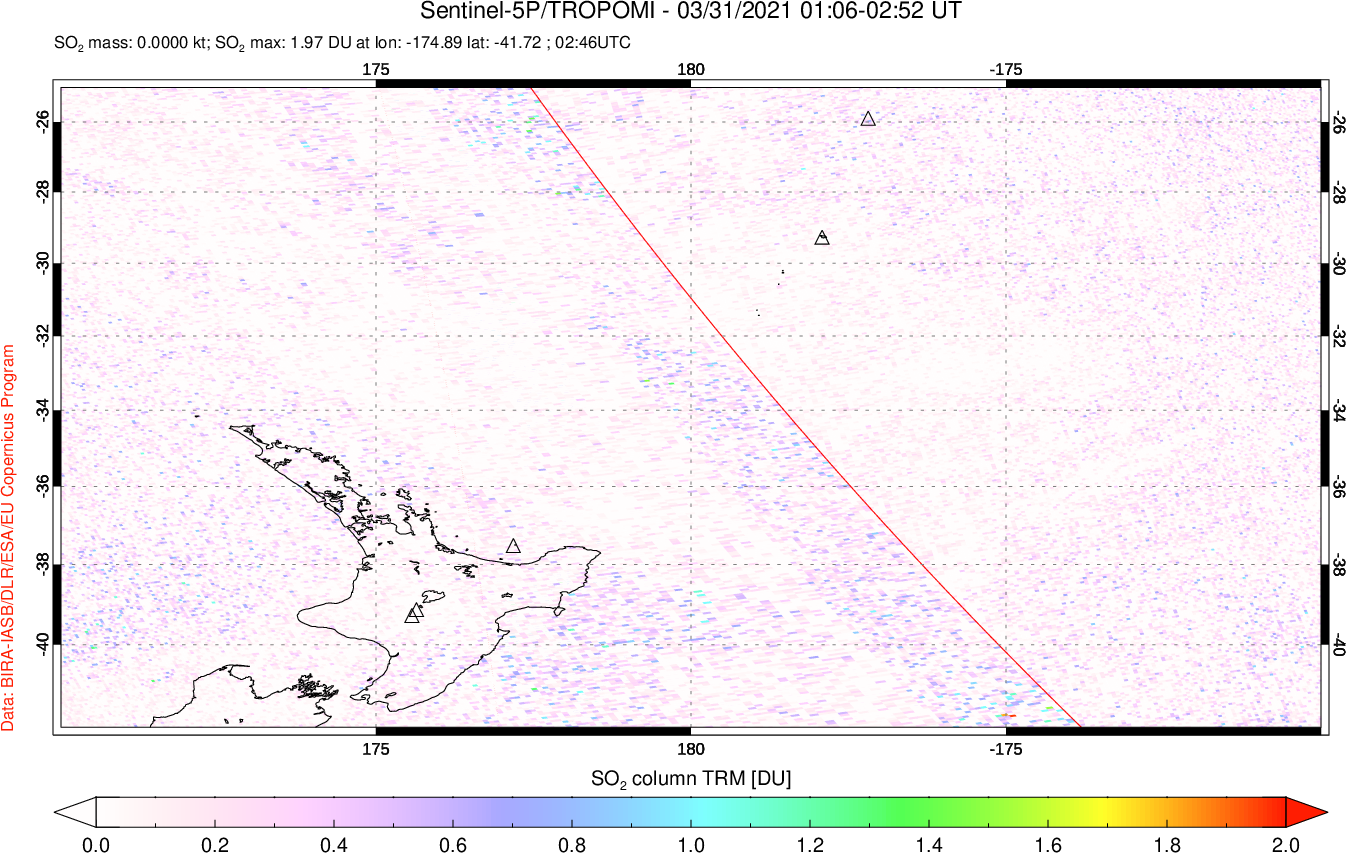 A sulfur dioxide image over New Zealand on Mar 31, 2021.
