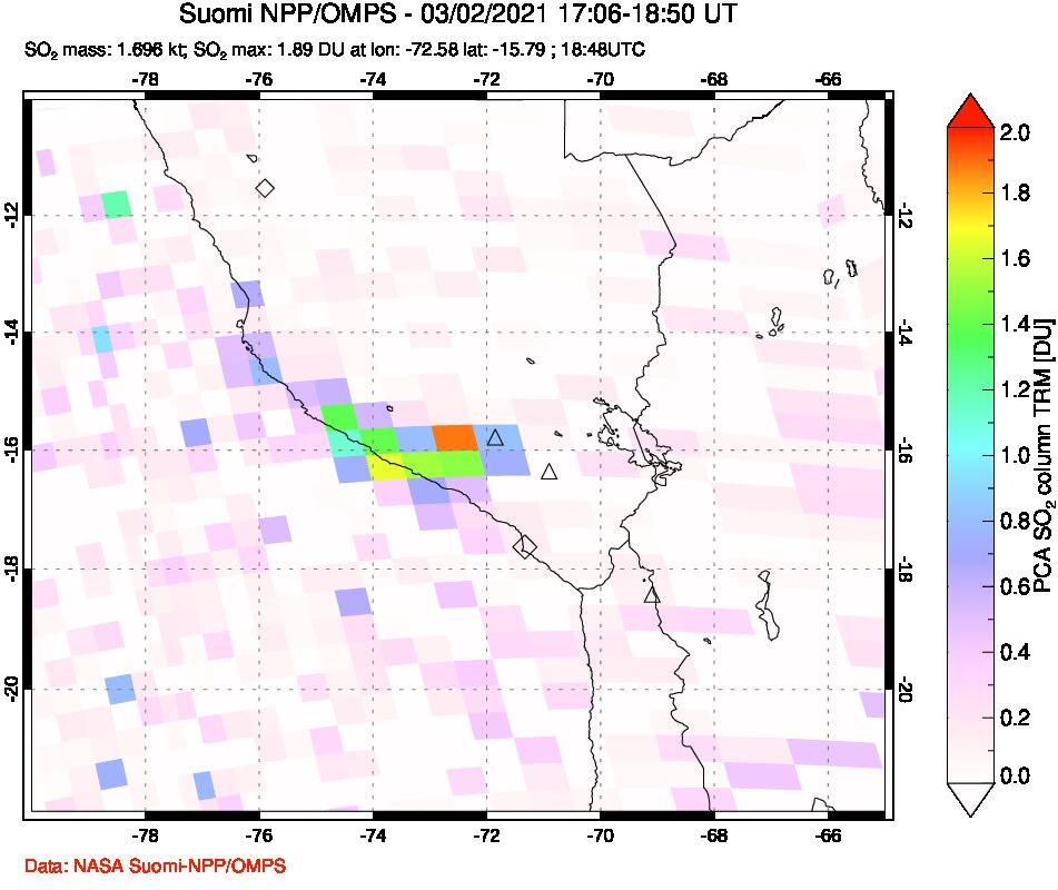 A sulfur dioxide image over Peru on Mar 02, 2021.