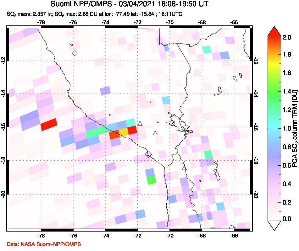 A sulfur dioxide image over Peru on Mar 04, 2021.