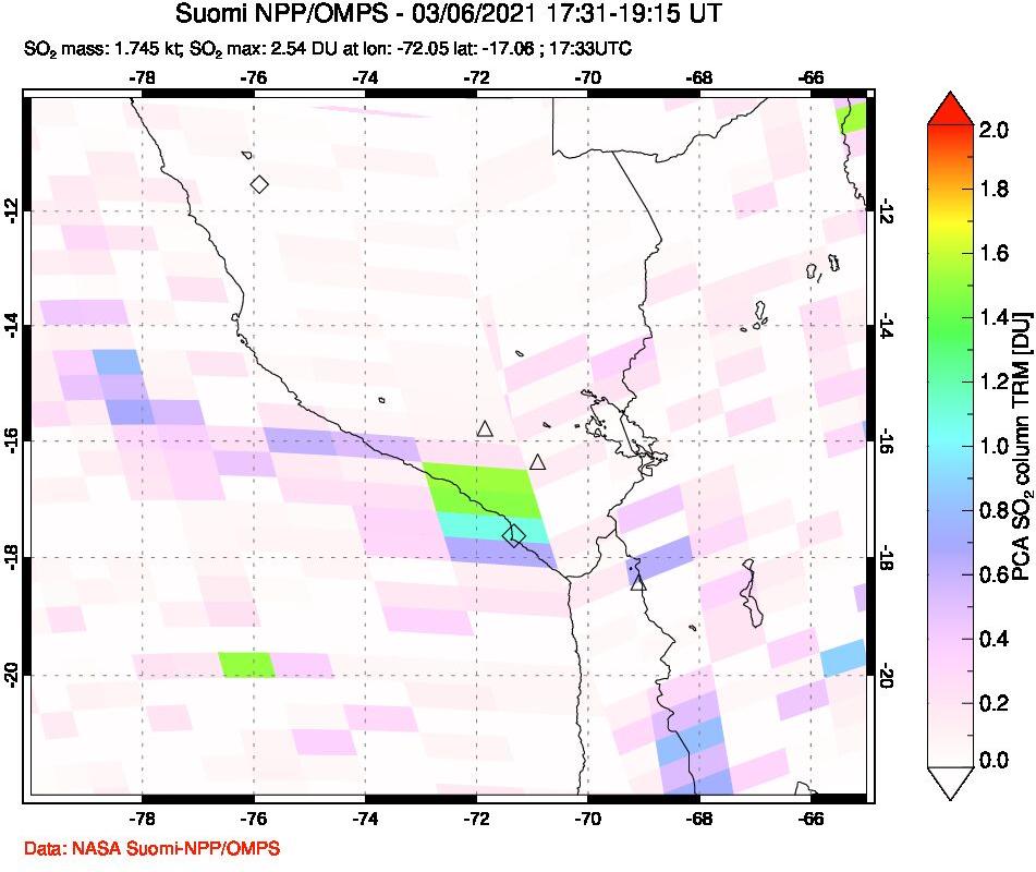 A sulfur dioxide image over Peru on Mar 06, 2021.
