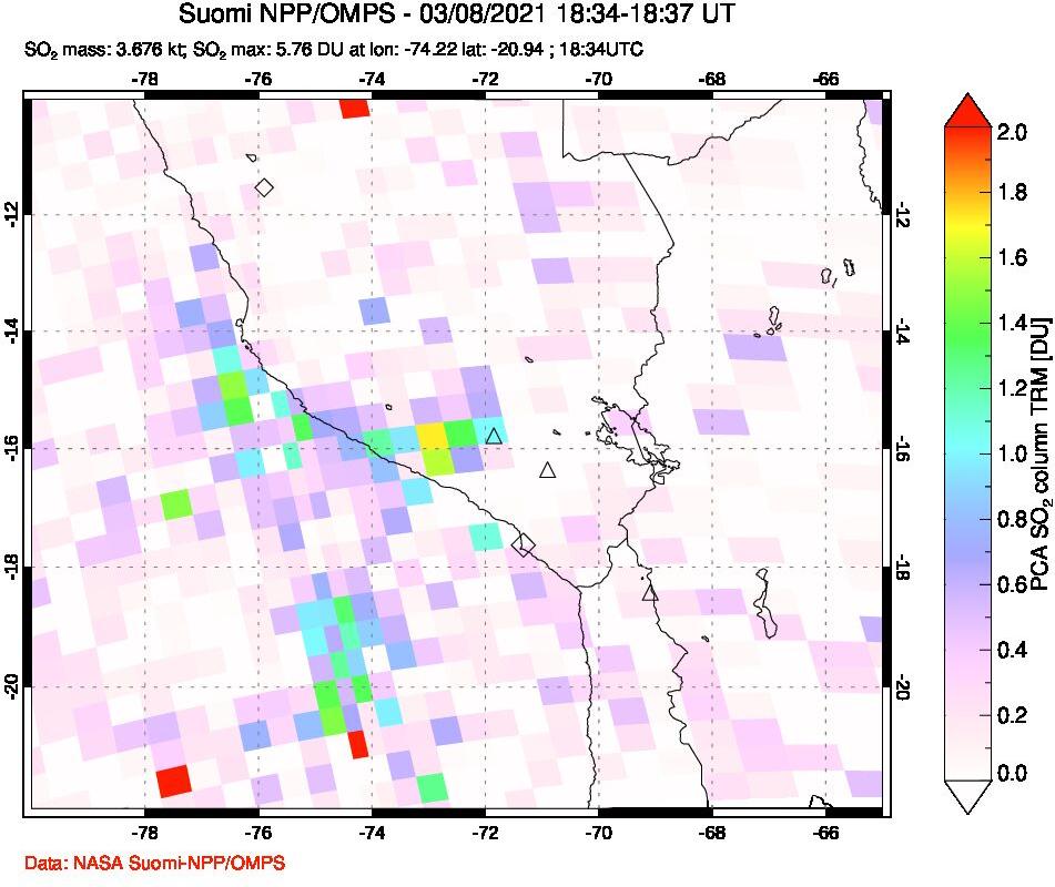 A sulfur dioxide image over Peru on Mar 08, 2021.