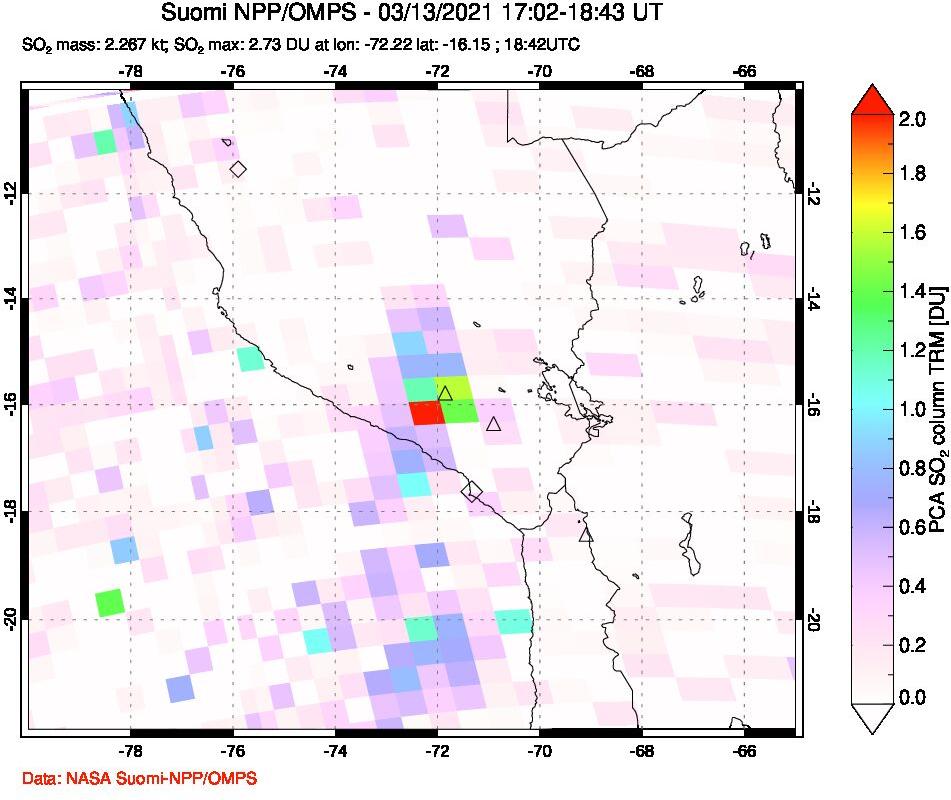 A sulfur dioxide image over Peru on Mar 13, 2021.