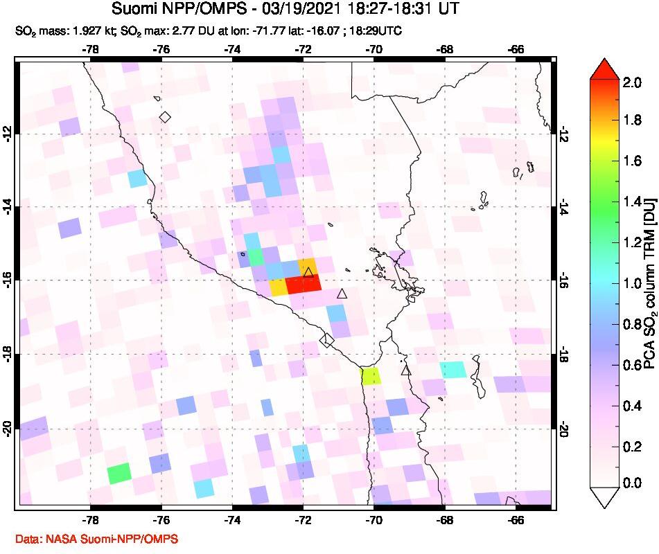 A sulfur dioxide image over Peru on Mar 19, 2021.
