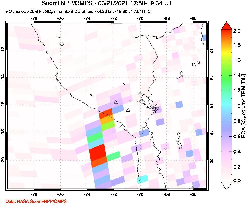 A sulfur dioxide image over Peru on Mar 21, 2021.