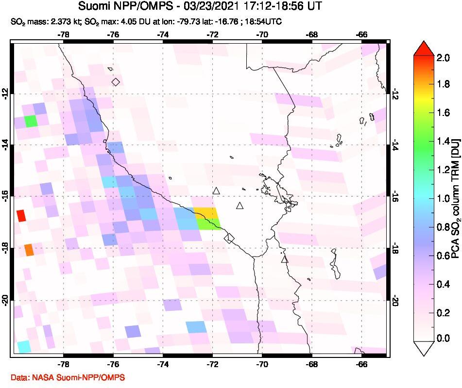 A sulfur dioxide image over Peru on Mar 23, 2021.
