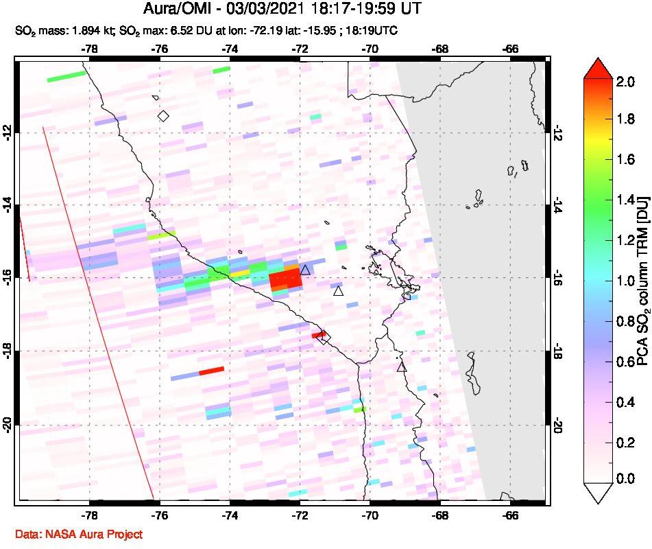 A sulfur dioxide image over Peru on Mar 03, 2021.