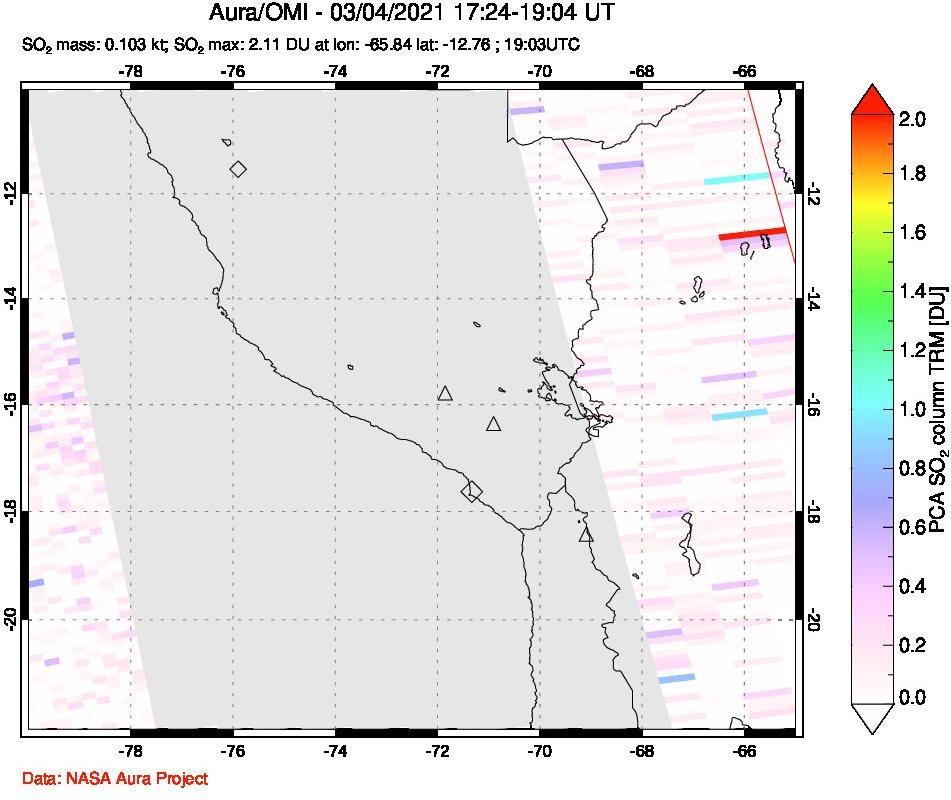 A sulfur dioxide image over Peru on Mar 04, 2021.