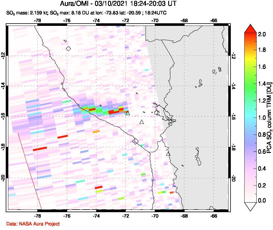 A sulfur dioxide image over Peru on Mar 10, 2021.