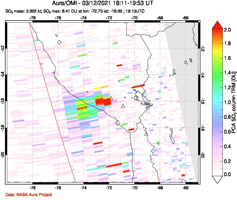 A sulfur dioxide image over Peru on Mar 12, 2021.