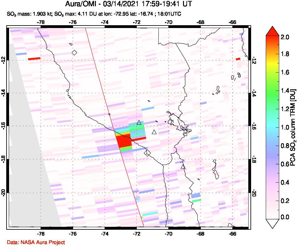 A sulfur dioxide image over Peru on Mar 14, 2021.