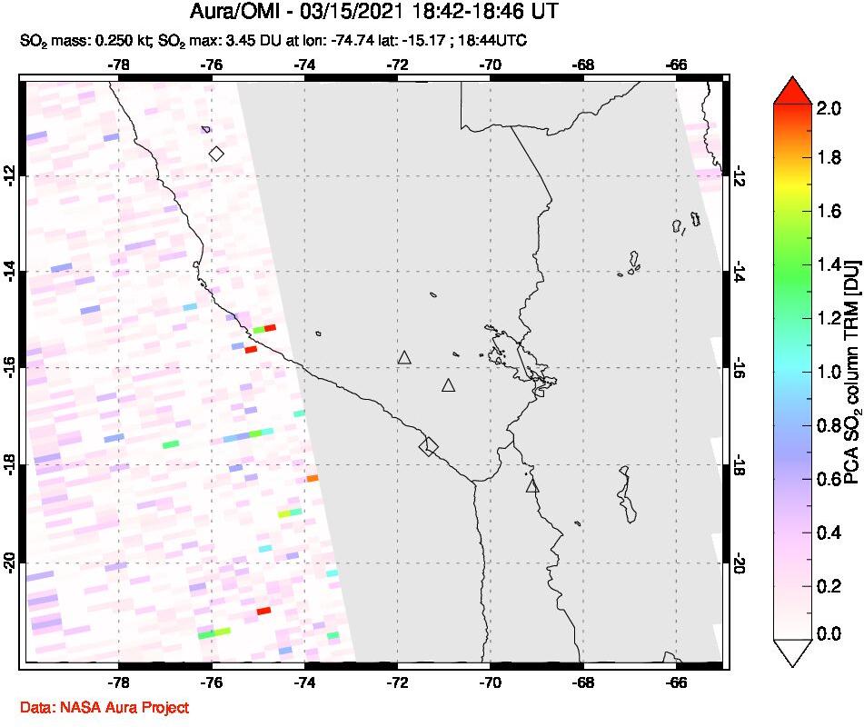 A sulfur dioxide image over Peru on Mar 15, 2021.