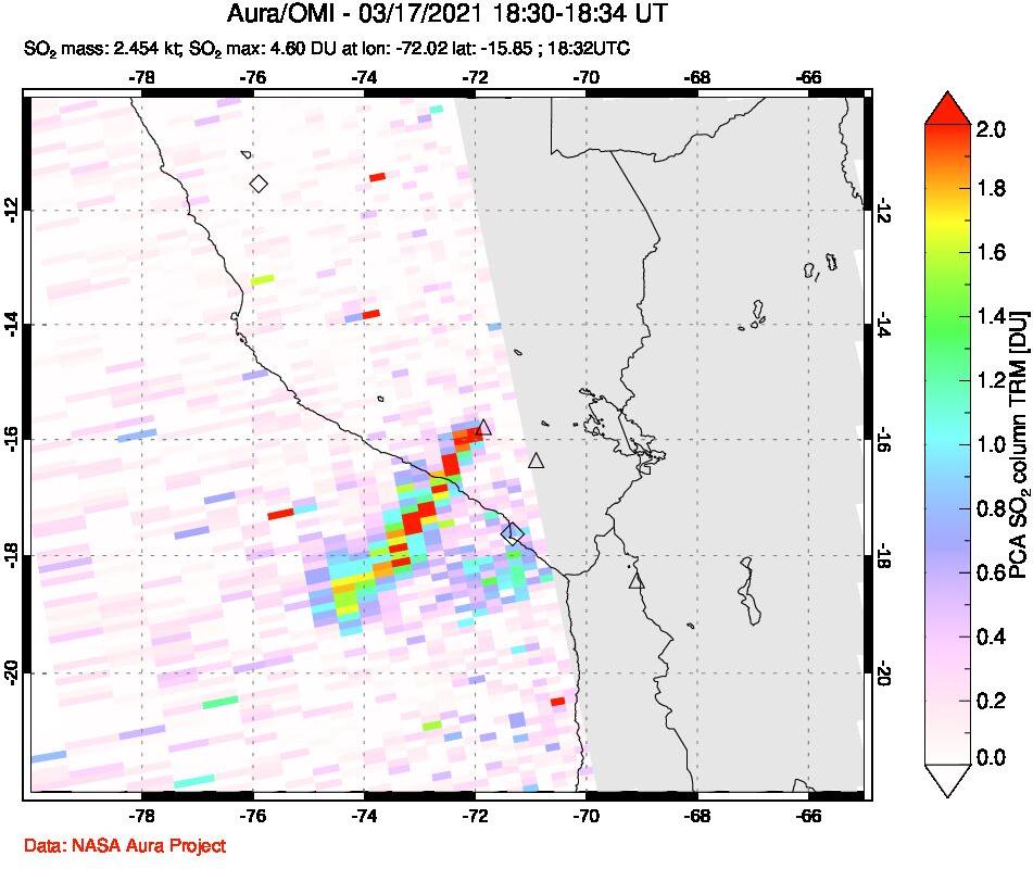A sulfur dioxide image over Peru on Mar 17, 2021.