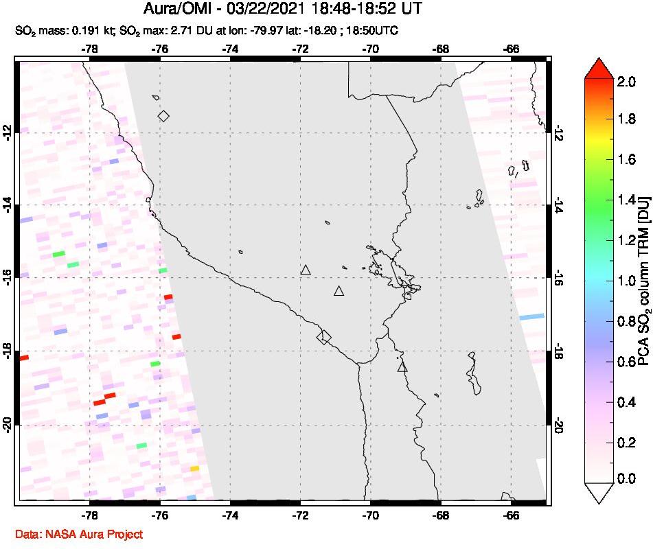 A sulfur dioxide image over Peru on Mar 22, 2021.