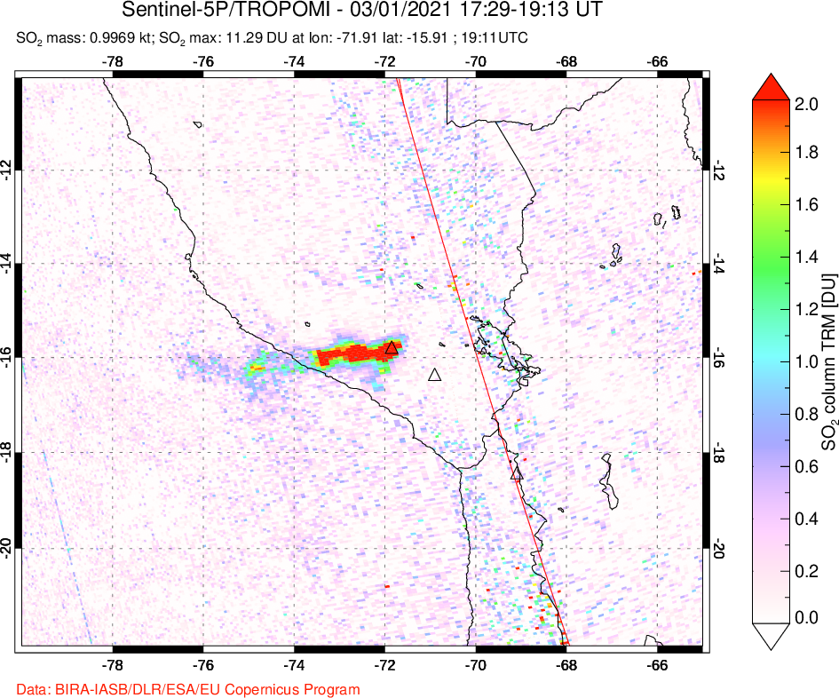 A sulfur dioxide image over Peru on Mar 01, 2021.