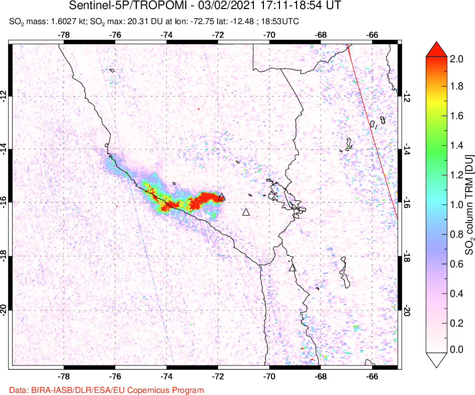 A sulfur dioxide image over Peru on Mar 02, 2021.