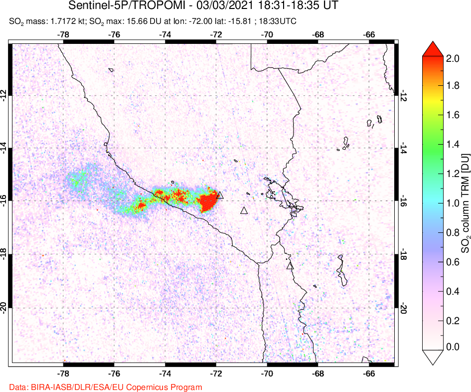 A sulfur dioxide image over Peru on Mar 03, 2021.