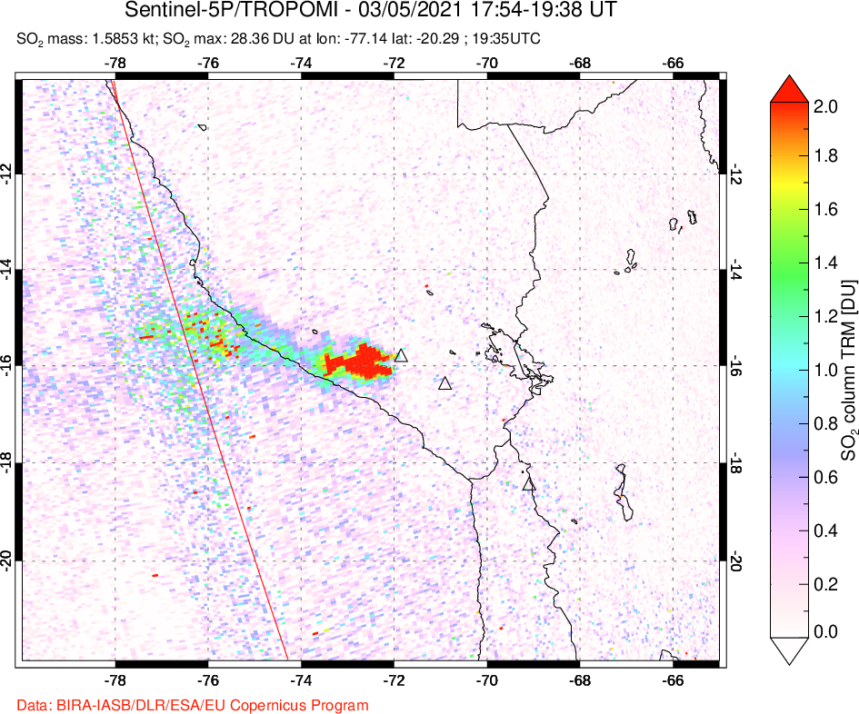 A sulfur dioxide image over Peru on Mar 05, 2021.