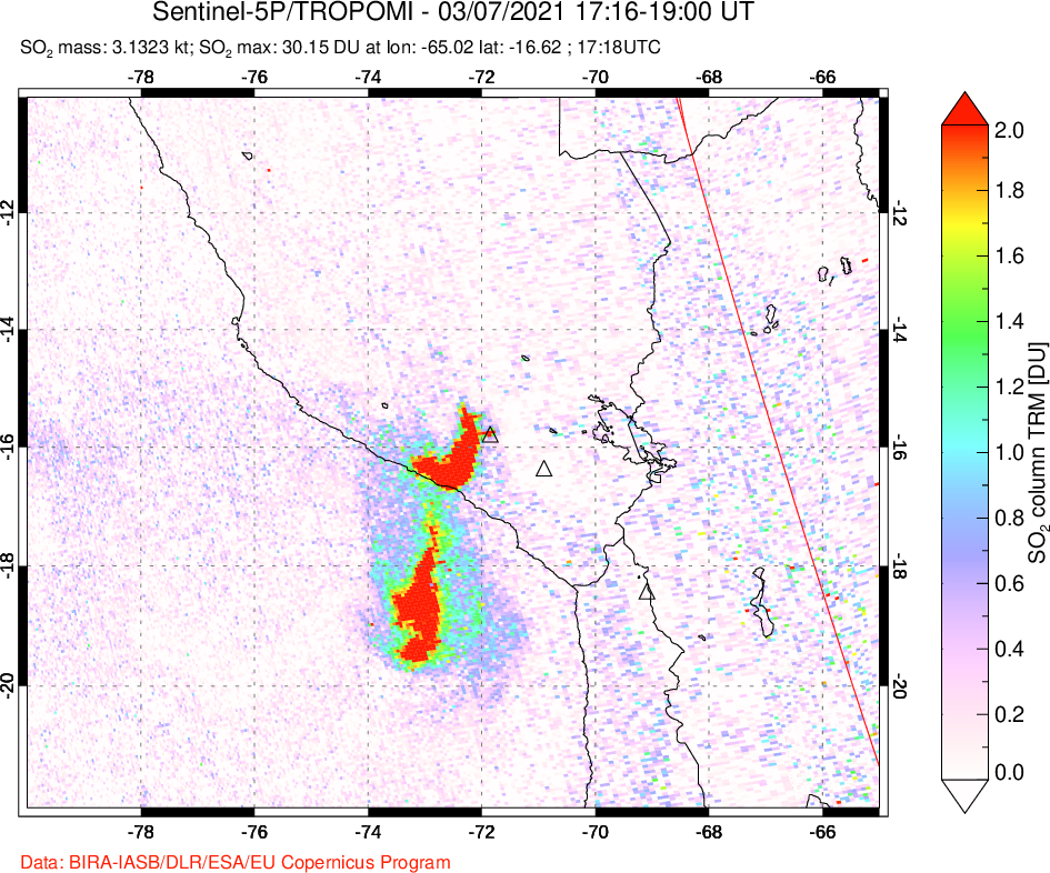 A sulfur dioxide image over Peru on Mar 07, 2021.