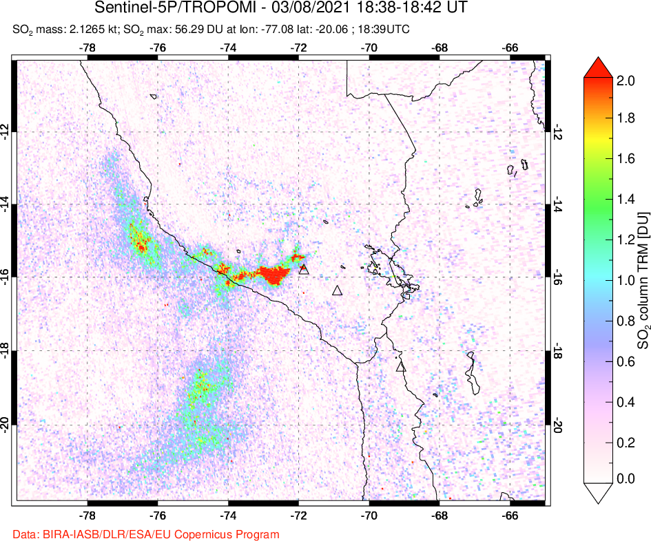 A sulfur dioxide image over Peru on Mar 08, 2021.