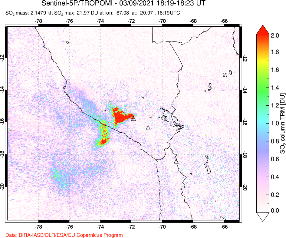 A sulfur dioxide image over Peru on Mar 09, 2021.