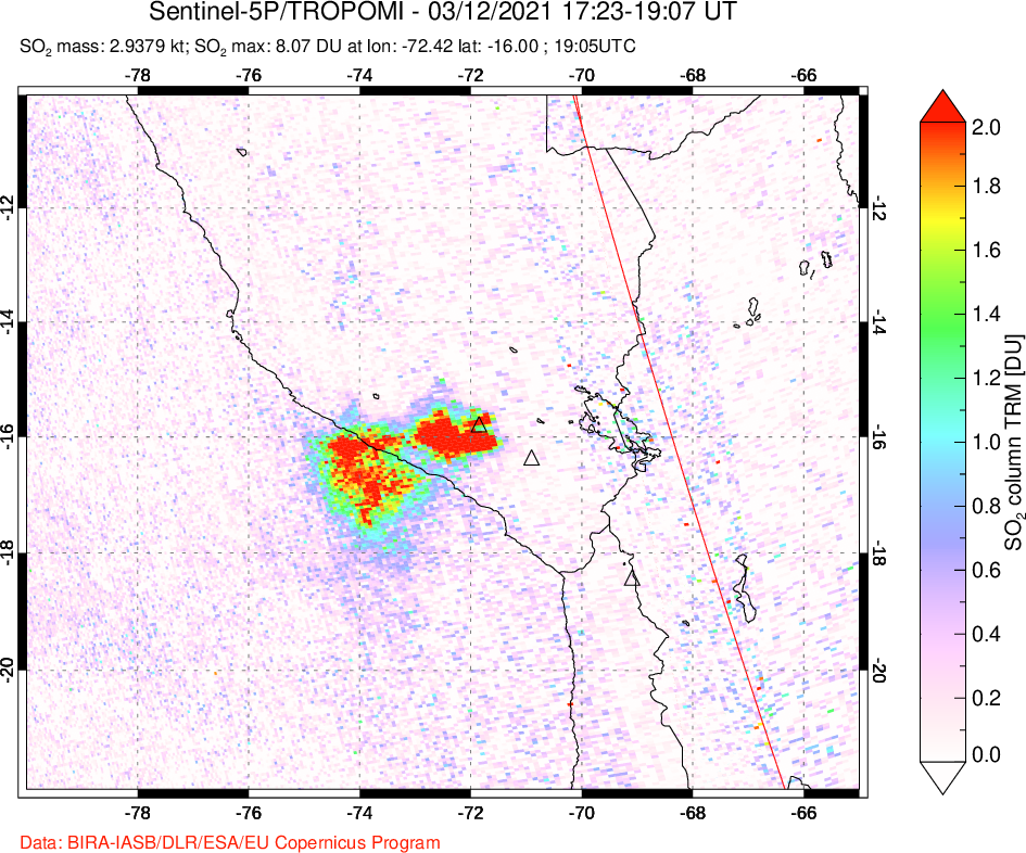 A sulfur dioxide image over Peru on Mar 12, 2021.