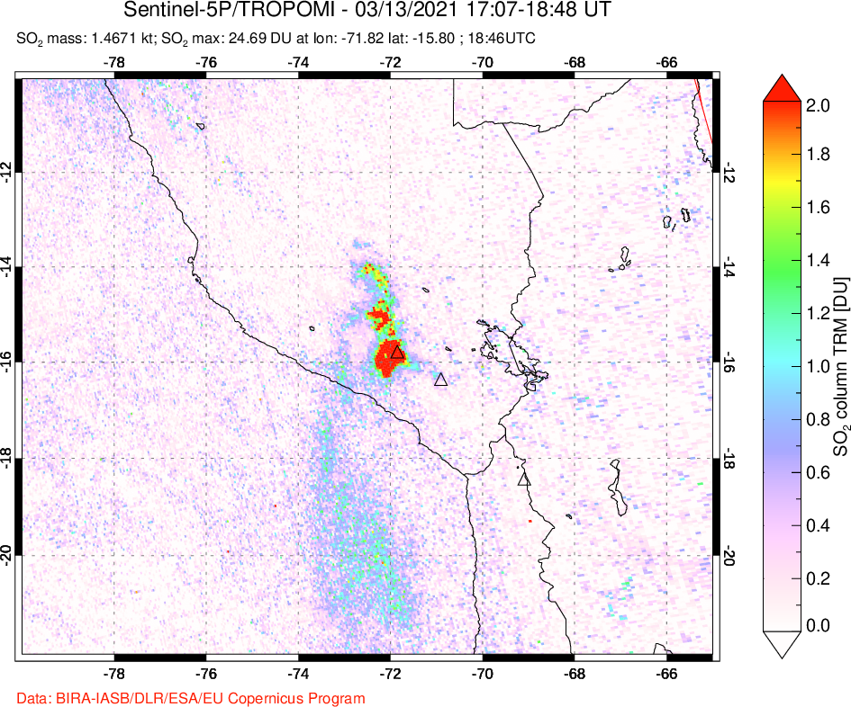 A sulfur dioxide image over Peru on Mar 13, 2021.