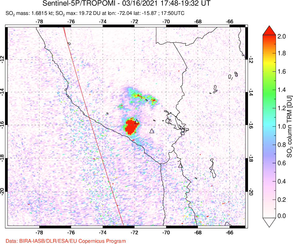 A sulfur dioxide image over Peru on Mar 16, 2021.