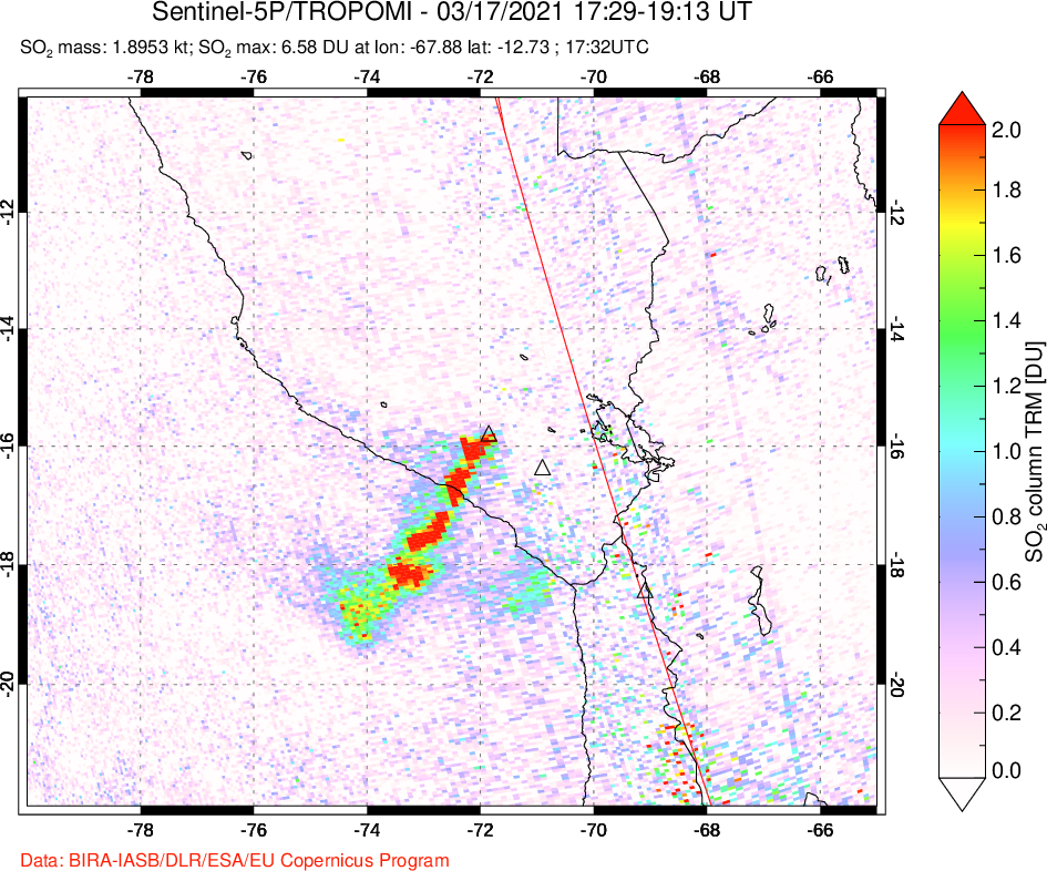A sulfur dioxide image over Peru on Mar 17, 2021.