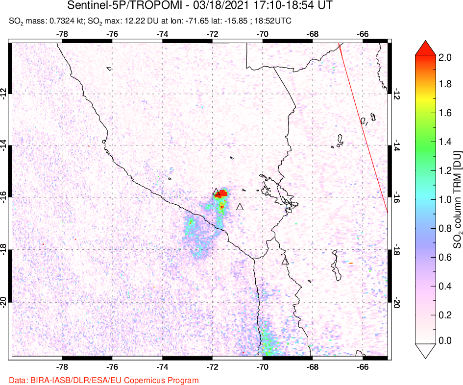 A sulfur dioxide image over Peru on Mar 18, 2021.