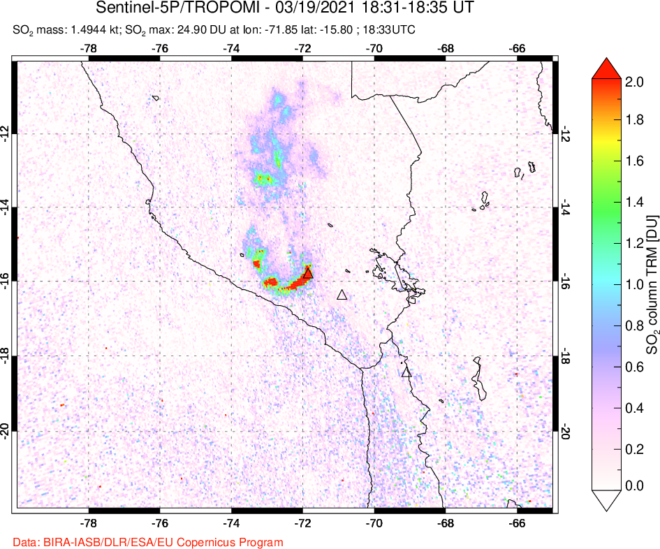 A sulfur dioxide image over Peru on Mar 19, 2021.