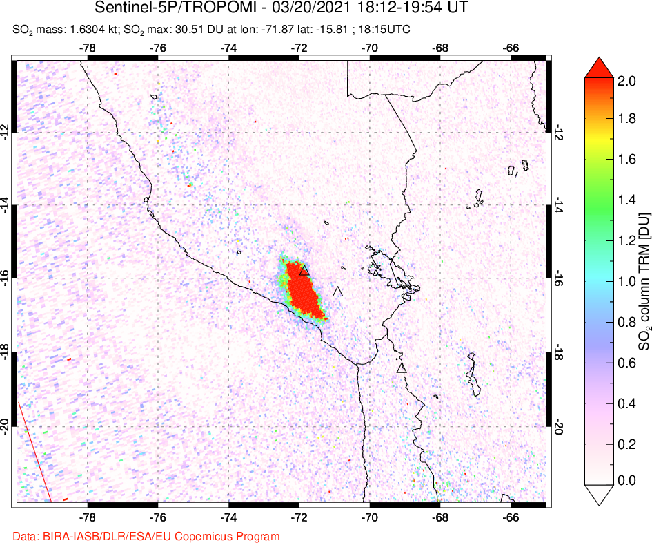 A sulfur dioxide image over Peru on Mar 20, 2021.