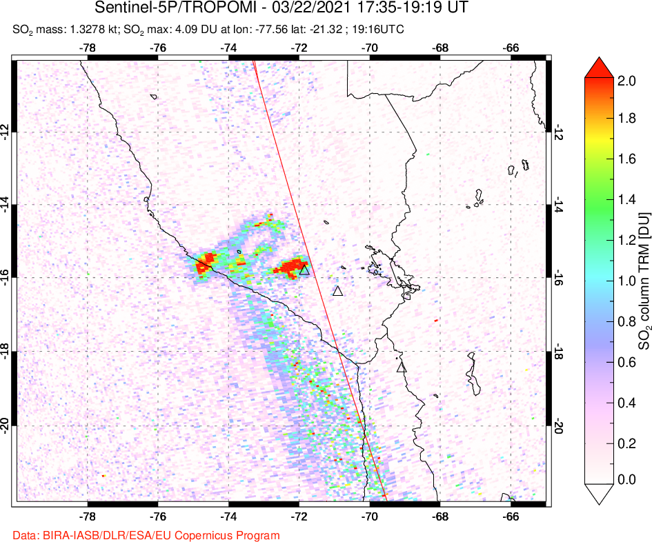 A sulfur dioxide image over Peru on Mar 22, 2021.