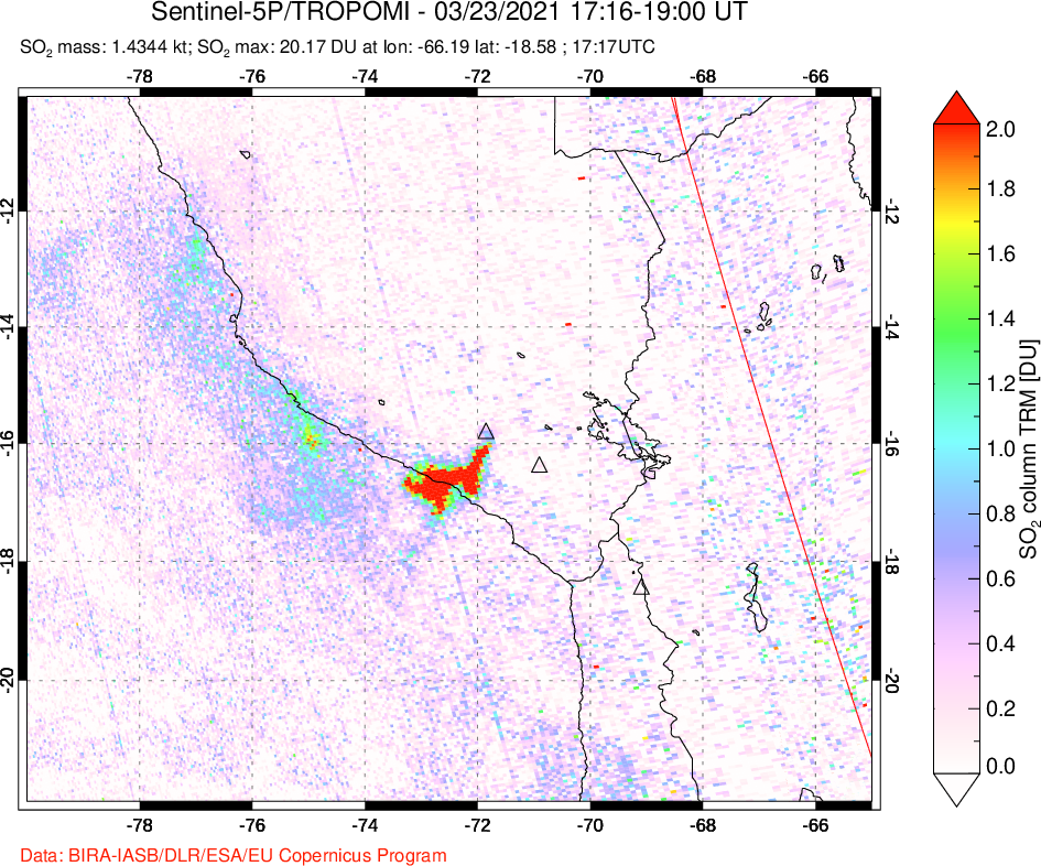 A sulfur dioxide image over Peru on Mar 23, 2021.